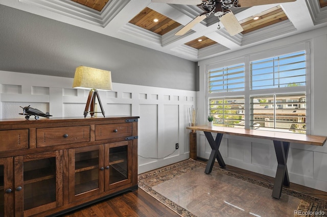 7243 S Kellerman Way, Aurora, CO 80016 - office space with coffered ceiling, ceiling fan, dark wood-type flooring, beam ceiling, and recessed lighting