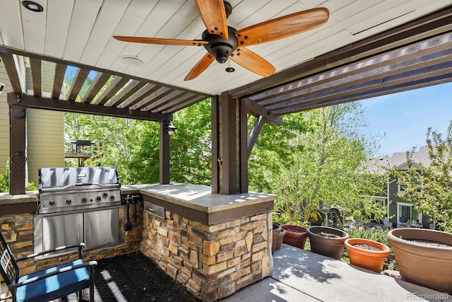 7243 S Kellerman Way, Aurora, CO 80016 - view of patio / terrace featuring area for grilling, ceiling fan, a grill, and a pergola