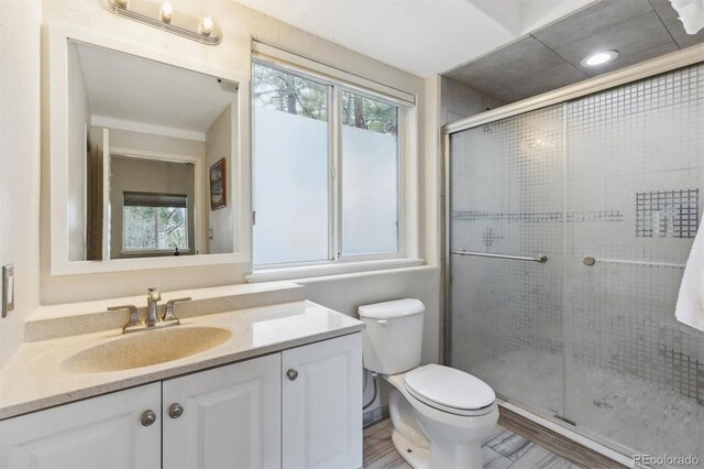 7317 Fremont Pl, Larkspur, CO 80118 - bathroom featuring vanity, a shower stall, and toilet