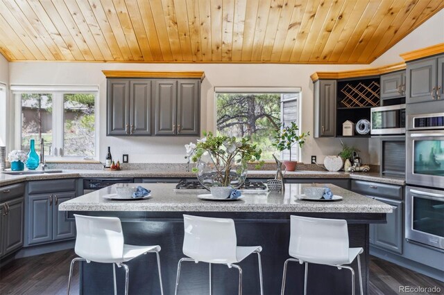 7317 Fremont Pl, Larkspur, CO 80118 - kitchen with gray cabinets, wood ceiling, appliances with stainless steel finishes, and a kitchen breakfast bar