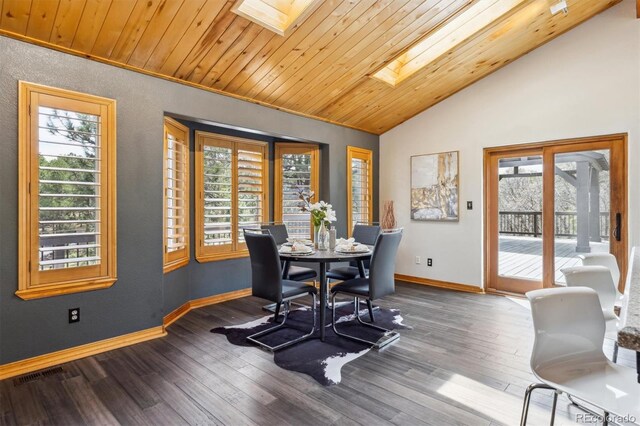 7317 Fremont Pl, Larkspur, CO 80118 - dining space featuring lofted ceiling with skylight, wooden ceiling, dark wood finished floors, baseboards, and visible vents