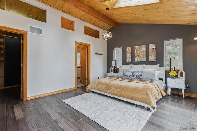 7317 Fremont Pl, Larkspur, CO 80118 - bedroom featuring wood finished floors, lofted ceiling with beams, wooden ceiling, baseboards, and visible vents