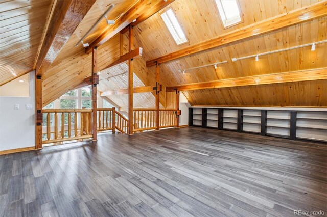 7317 Fremont Pl, Larkspur, CO 80118 - additional living space with wooden ceiling, vaulted ceiling with skylight, and wood finished floors