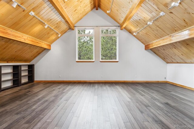 7317 Fremont Pl, Larkspur, CO 80118 - additional living space with wood ceiling, lofted ceiling with beams, baseboards, and wood-type flooring