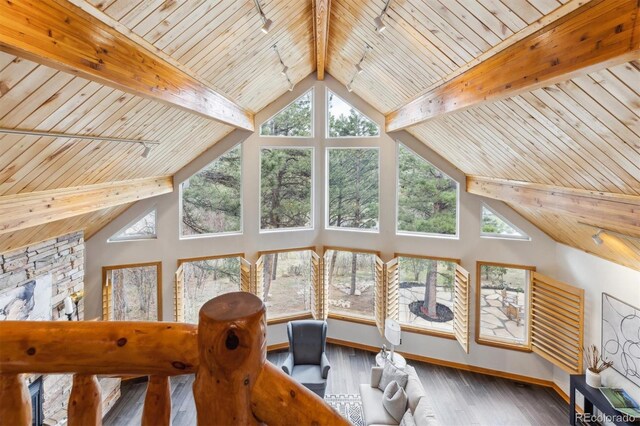 7317 Fremont Pl, Larkspur, CO 80118 - living area with beamed ceiling, track lighting, a wealth of natural light, and wooden ceiling