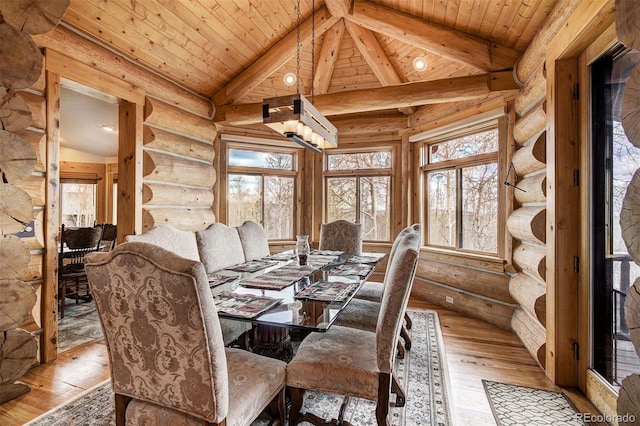 dining area featuring log walls, light wood-type flooring, vaulted ceiling with beams, and wood ceiling