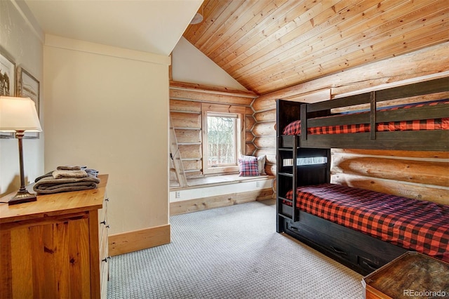 bedroom with log walls, carpet floors, wooden ceiling, and lofted ceiling