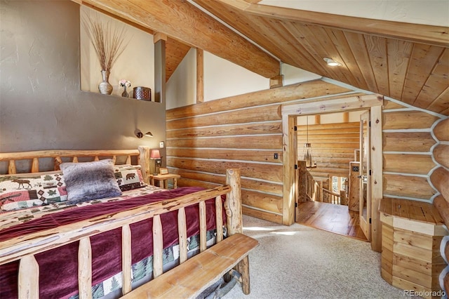 carpeted bedroom with log walls, lofted ceiling with beams, and wood ceiling