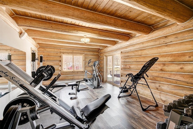 workout room featuring log walls, hardwood / wood-style floors, and wooden ceiling