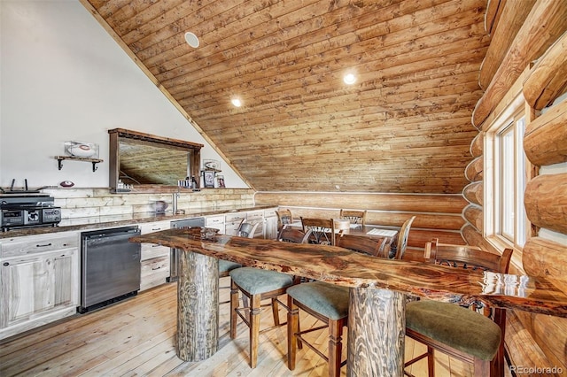 kitchen with wood ceiling, rustic walls, high vaulted ceiling, dishwasher, and light wood-type flooring