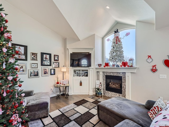 living room with wood-type flooring and vaulted ceiling