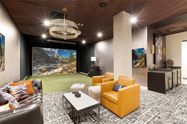 home theater room featuring golf simulator, recessed lighting, wooden ceiling, and carpet flooring