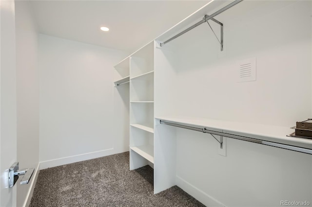 walk in closet with dark colored carpet