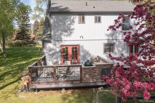 29250 County Road 330, Buena Vista, CO 81211 - back of property featuring area for grilling, a wooden deck, a lawn, and roof with shingles