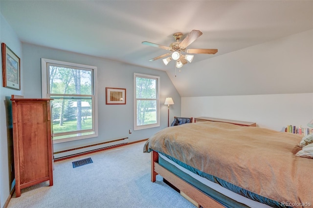 29250 County Road 330, Buena Vista, CO 81211 - carpeted bedroom featuring baseboard heating, lofted ceiling, and a ceiling fan