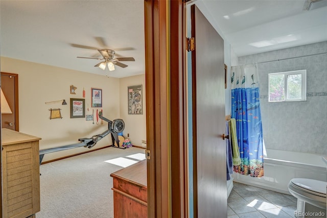 29250 County Road 330, Buena Vista, CO 81211 - bathroom featuring shower / bath combination with curtain, a ceiling fan, and tile patterned flooring