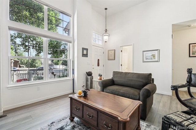 588 Beauprez Ave, Lafayette, CO 80026 - living area featuring healthy amount of natural light, light wood-style flooring, and a towering ceiling