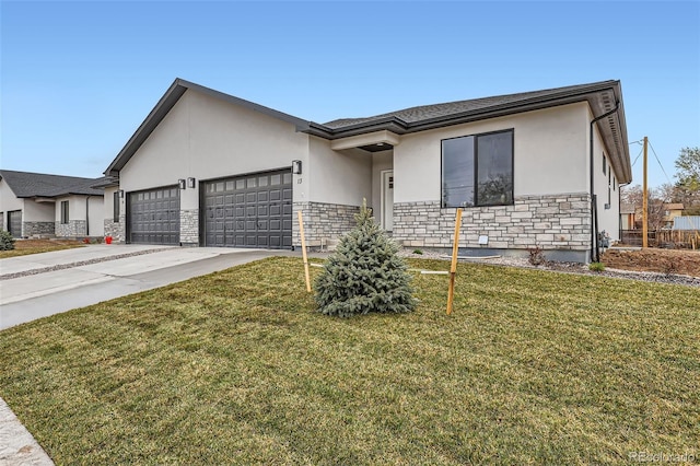 ranch-style home featuring driveway, a front yard, an attached garage, stone siding, and stucco siding