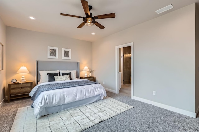 carpeted bedroom with recessed lighting, baseboards, and visible vents