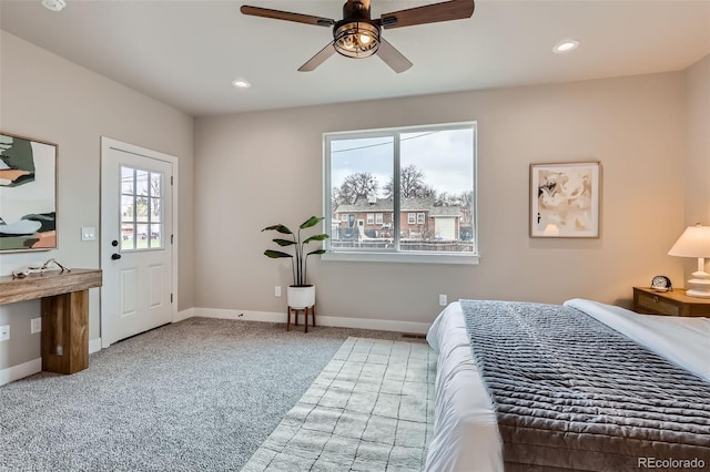 bedroom with carpet floors, recessed lighting, and baseboards
