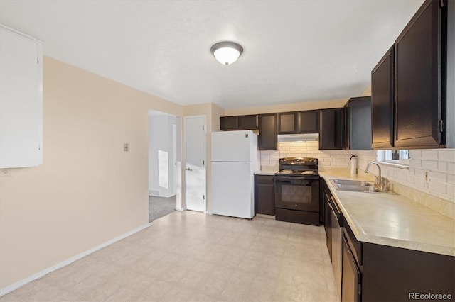 kitchen with white fridge, black range with electric cooktop, decorative backsplash, sink, and dark brown cabinets