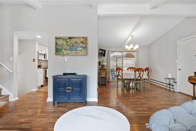 living area featuring a notable chandelier, lofted ceiling with beams, and wood finished floors