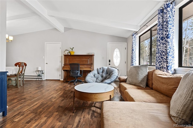 living room with a baseboard heating unit, an inviting chandelier, wood finished floors, and vaulted ceiling with beams