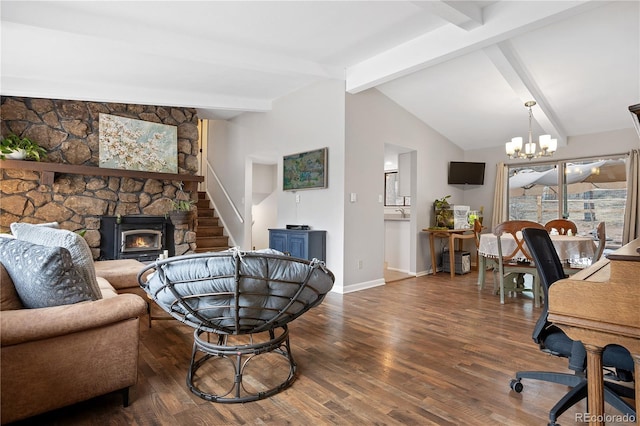 living area featuring baseboards, stairs, lofted ceiling with beams, wood finished floors, and a notable chandelier