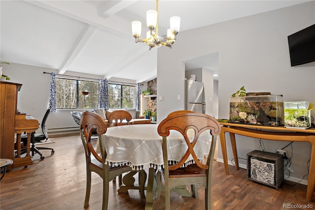 dining space with wood finished floors, baseboards, a baseboard radiator, lofted ceiling with beams, and a notable chandelier