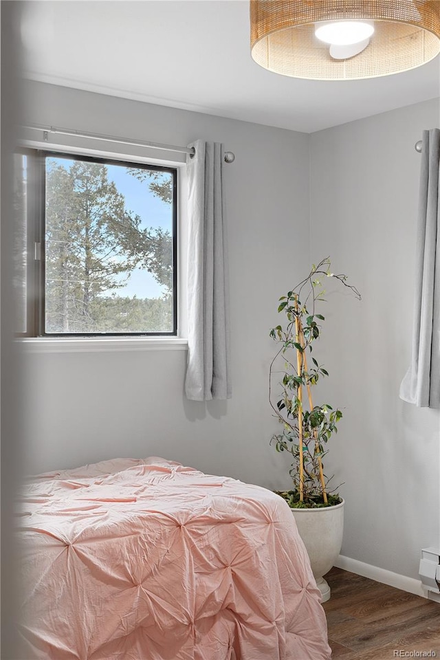 bedroom with wood finished floors and baseboards