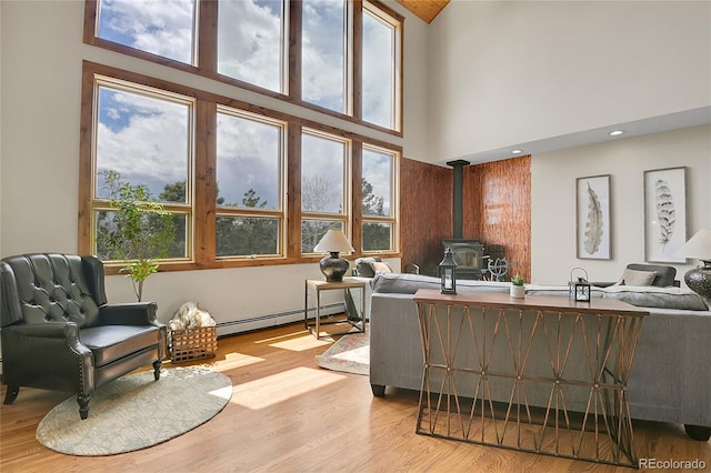 27100 Molly Dr, Conifer, CO 80433 - living area featuring a baseboard radiator, a high ceiling, a wood stove, and wood finished floors