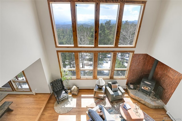27100 Molly Dr, Conifer, CO 80433 - living area featuring wood finished floors, healthy amount of natural light, a wood stove, a baseboard radiator, and a towering ceiling