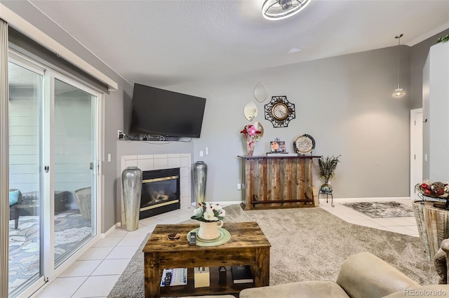 tiled living room with a textured ceiling, a fireplace, and lofted ceiling