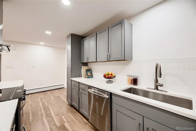 kitchen featuring light hardwood / wood-style floors, sink, a baseboard radiator, dishwasher, and gray cabinets