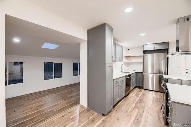 kitchen with light wood-type flooring, a skylight, gray cabinetry, stainless steel appliances, and sink