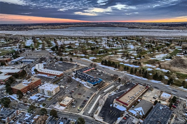 view of aerial view at dusk