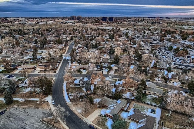 view of aerial view at dusk