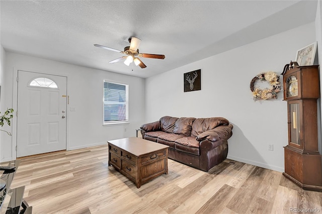 2791 Quarterland St, Strasburg, CO 80136 - living room with light wood-style floors, a ceiling fan, baseboards, and a textured ceiling