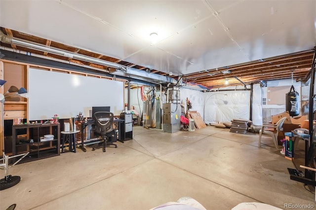 unfinished basement featuring heating unit