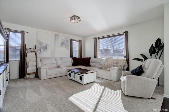 living room with light colored carpet