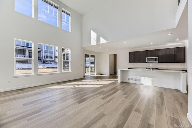 unfurnished living room with baseboards, visible vents, a sink, and light wood finished floors