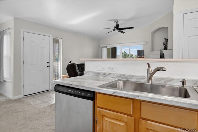 4875 S Balsam Way Unit 8-203, Littleton, CO 80123 - kitchen featuring stainless steel dishwasher, light countertops, vaulted ceiling, light tile patterned floors, and ceiling fan