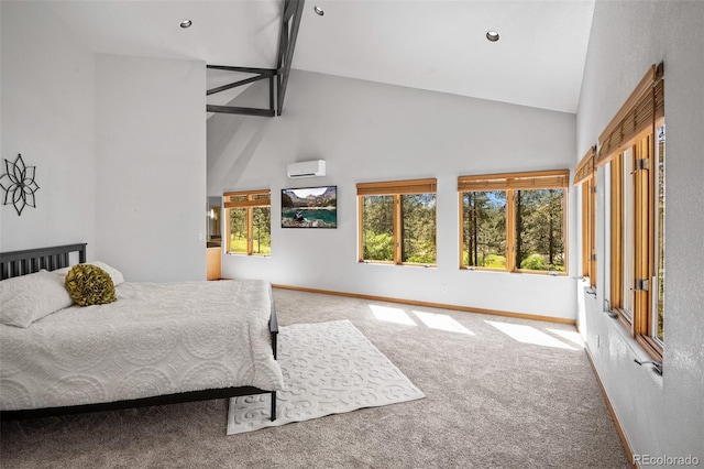 carpeted bedroom with beam ceiling, an AC wall unit, and high vaulted ceiling