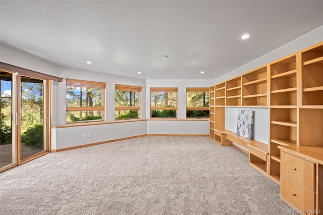 interior space featuring a textured ceiling, light carpet, and a wealth of natural light