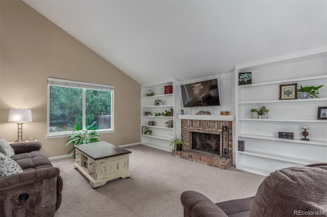 7762 W Ottawa Pl, Littleton, CO 80128 - living room featuring carpet, a brick fireplace, vaulted ceiling, and built in shelves