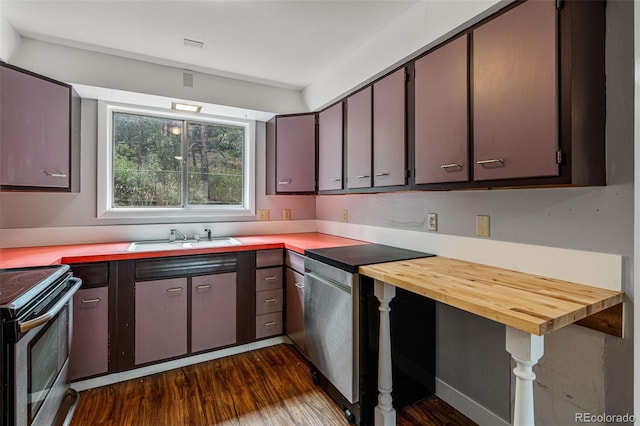 kitchen with dark hardwood / wood-style flooring, sink, butcher block counters, and stainless steel range with electric cooktop