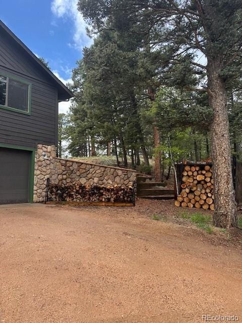 4041 Trout Creed Rd, Woodland Park, CO 80863 - view of yard with dirt driveway and an attached garage