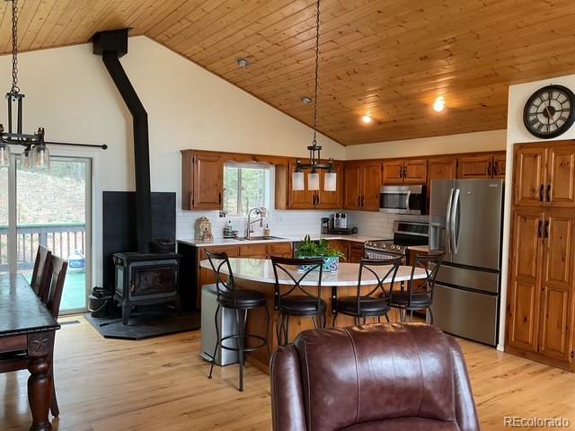 4041 Trout Creed Rd, Woodland Park, CO 80863 - kitchen with appliances with stainless steel finishes, a wood stove, wood ceiling, light countertops, and brown cabinetry