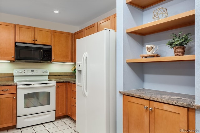 315 Arapahoe Ave Unit 202, Boulder, CO 80302 - kitchen with white appliances, open shelves, light tile patterned floors, brown cabinets, and recessed lighting