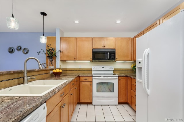 315 Arapahoe Ave Unit 202, Boulder, CO 80302 - kitchen featuring white appliances, a sink, pendant lighting, light tile patterned flooring, and recessed lighting